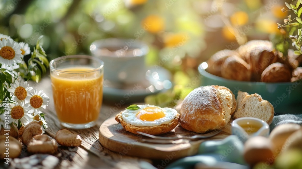 Rustic breakfast with orange juice, fried egg, and pastries in natural light Rustic breakfast with orange juice, fried egg, and pastries in natural light
