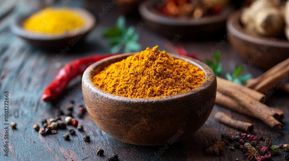Bowl of vibrant turmeric powder with spices on rustic wooden background Bowl of vibrant turmeric powder with spices on rustic wooden background