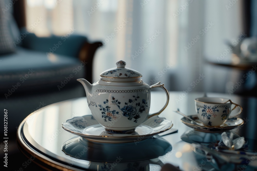 An elegant tea set on a glossy table in a sunlit room captures the essence of refined leisure and timeless sophistication. An elegant tea set on a glossy table in a sunlit room captures the essence of refined leisure and timeless sophistication.