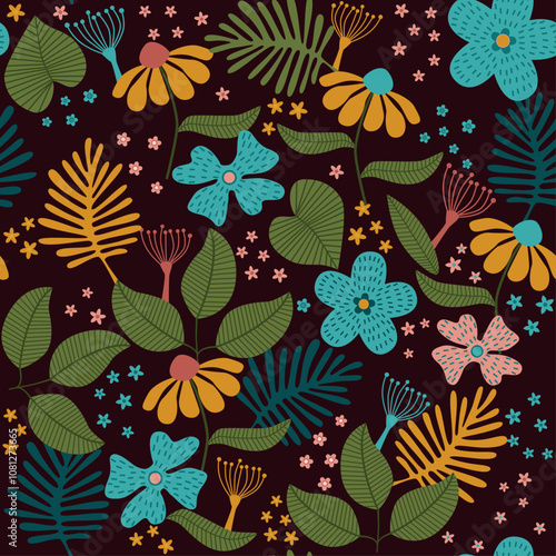 Seamless tropical pattern with flowers, palm leaves.
