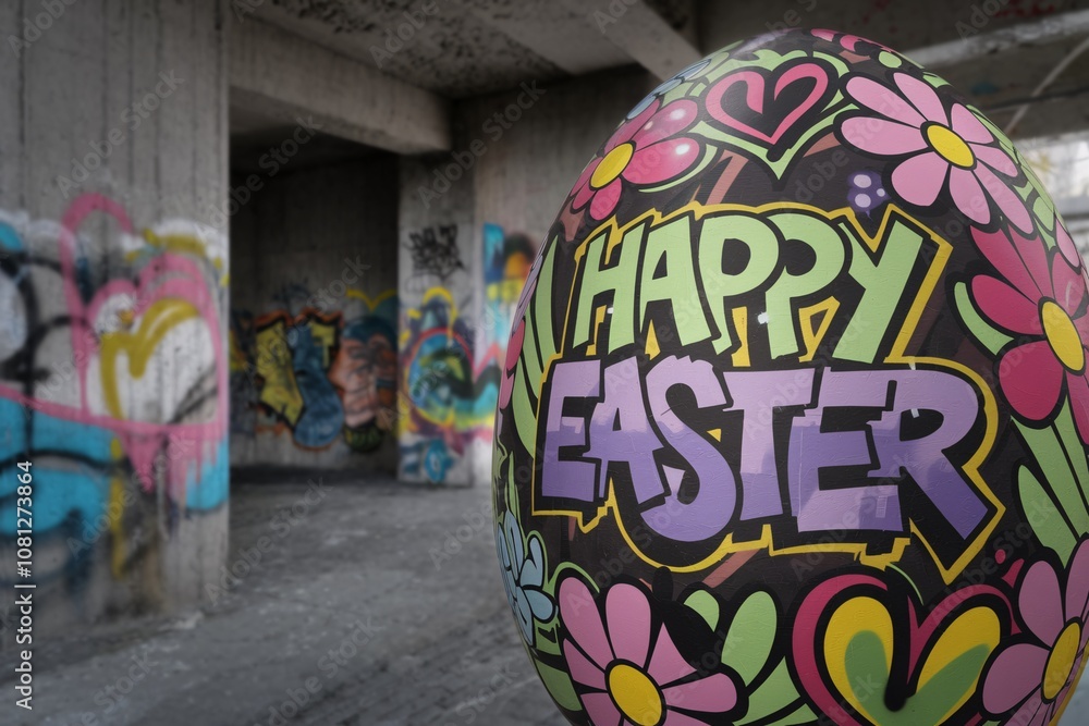 Fototapeta premium Vibrant Graffiti Easter Egg in Urban Setting. A bold Easter egg covered in colorful graffiti designs sits on a textured urban floor, blending street art with festive creativity.
