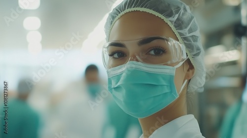 Focused female medical professional in a mask, goggles, and hairnet, in a clinical setting.