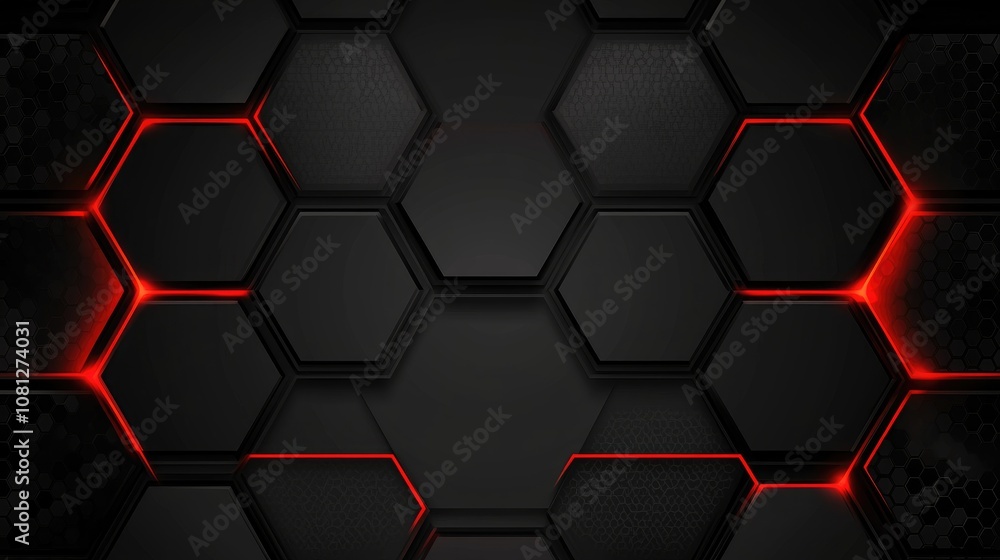 Abstract black and red hexagonal pattern design with glowing edges for modern backgrounds, technology themes, and creative graphic projects in a digital style Abstract black and red hexagonal pattern design with glowing edges for modern backgrounds, technology themes, and creative graphic projects in a digital style