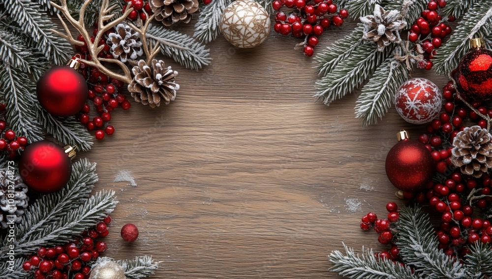 Christmas background with decoration and ornaments composition of Christmas tree branches on a wooden table Christmas background with decoration and ornaments composition of Christmas tree branches on a wooden table