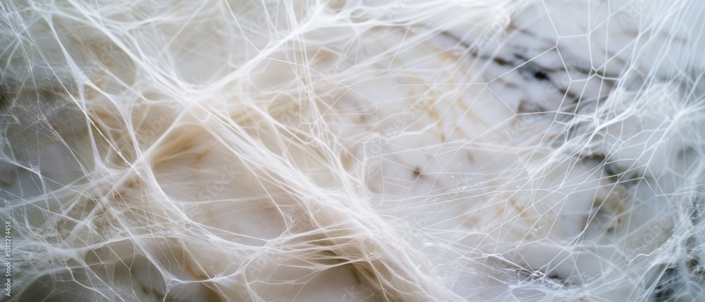 Obraz premium Delicate white web-like threads intricately weave across a marble surface, creating an ethereal network of textures and contrasts.