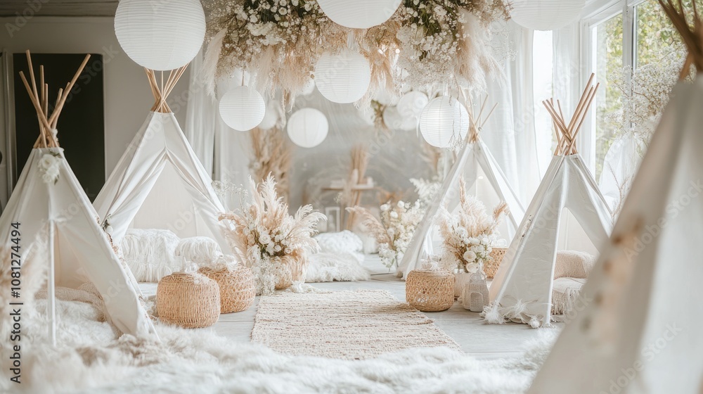 Cozy indoor space with teepees and soft decor for gatherings or events. Cozy indoor space with teepees and soft decor for gatherings or events.