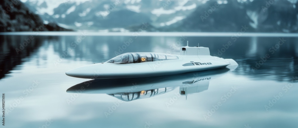 A sleek, futuristic white submarine glides smoothly on a calm lake, surrounded by majestic mountains, blending technology with nature. A sleek, futuristic white submarine glides smoothly on a calm lake, surrounded by majestic mountains, blending technology with nature.
