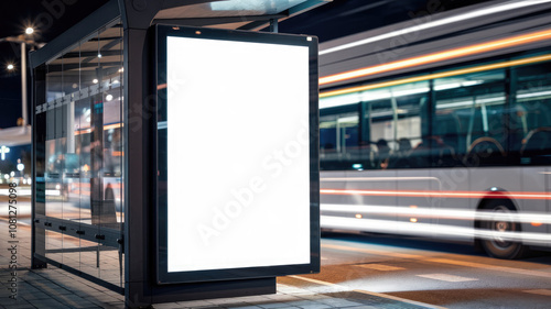 A bus is driving past a bus stop with a large white sign. The sign is blank, and the bus is blurry. The scene is set at night, and the atmosphere is calm and quiet