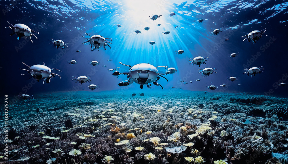Several underwater robots explore the seabed. Several underwater robots explore the seabed.