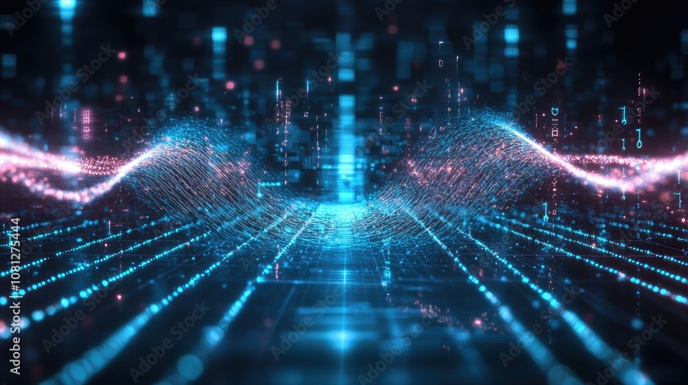 Futuristic Digital Waves Transmitting Data in a High-Tech Virtual Environment with Neon Lights, Binary Code, and Abstract Visual Effects Futuristic Digital Waves Transmitting Data in a High-Tech Virtual Environment with Neon Lights, Binary Code, and Abstract Visual Effects