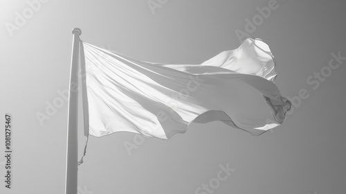 White Flag in the Wind: A white flag billows in the wind against a hazy sky, symbolizing surrender, peace, or a new beginning. 