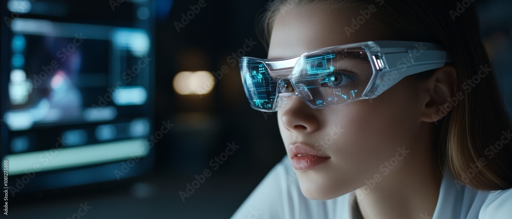 A focused individual wearing futuristic smart glasses, illuminated by digital screens, envisions a world driven by technology. A focused individual wearing futuristic smart glasses, illuminated by digital screens, envisions a world driven by technology.