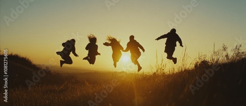 Jubilant figures jump with glee before the setting sun, capturing the essence of youth and camaraderie. photo