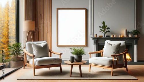 Cozy home living room interior with chairs and fireplace, window. Mockup frame