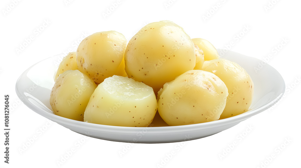 White plate of peeled boiled potatoes on a transparent background. isolated background. White plate of peeled boiled potatoes on a transparent background. isolated background.