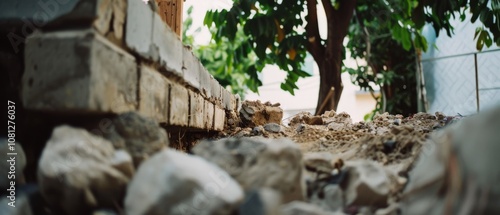 Low-angle view of a garden shows a rugged path lined with stones and bricks, leading to lush greenery under a warm, inviting sky.