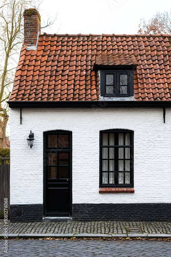 A small white and black brick house with an old red roof in Bruges, a small window on the side of it, a front door with a black frame, photo-realistic landscapes, and a simple and elegant style.