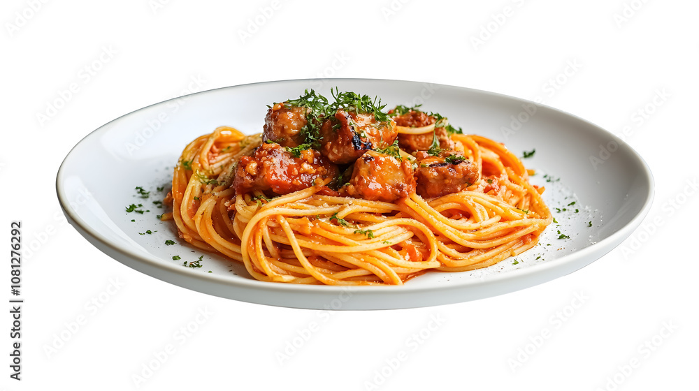 White plate with spaghetti and meat on a transparent background. isolated background. White plate with spaghetti and meat on a transparent background. isolated background.