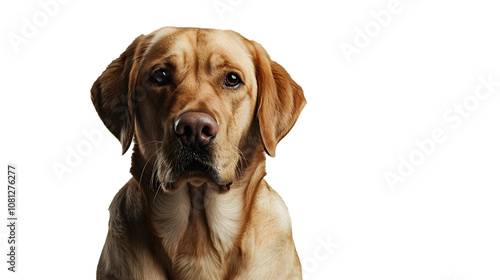 Portrait of a labrador retriever dog sitting on a white background