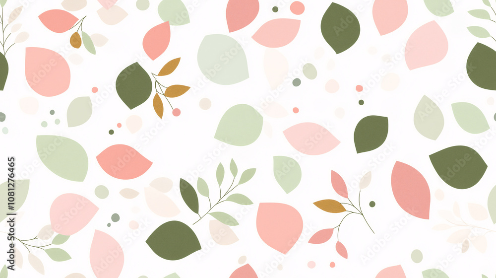 Seamless Pattern of Pink Green and Beige Leaves on White Background Seamless Pattern of Pink Green and Beige Leaves on White Background