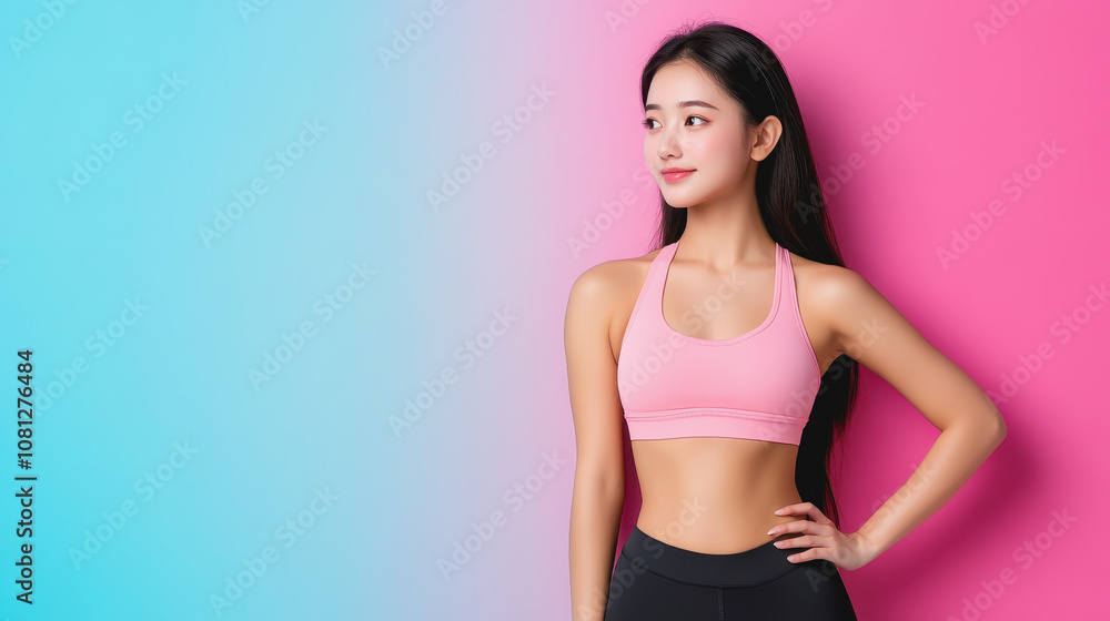 Obraz premium Young woman in stylish pink sports bra poses confidently against a vibrant pink and blue gradient background, symbolizing fitness, health, and wellness lifestyle.