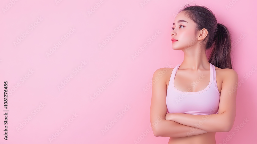 Confident Young Woman in Sports Bra Posing Against a Pink Background, Emphasizing Fitness and Active Lifestyle with a Focus on Strength and Self-Expression Confident Young Woman in Sports Bra Posing Against a Pink Background, Emphasizing Fitness and Active Lifestyle with a Focus on Strength and Self-Expression