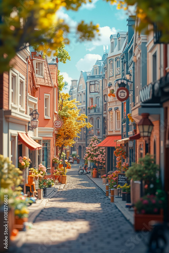 A cobblestone street lined with colorful buildings and flowers