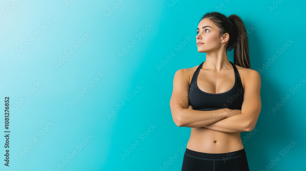 Confident Woman in Sportswear with a Strong Physique Posing Against a Vibrant Turquoise Background, Emphasizing Strength and Determination in Fitness and Well-being Confident Woman in Sportswear with a Strong Physique Posing Against a Vibrant Turquoise Background, Emphasizing Strength and Determination in Fitness and Well-being