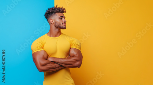 Confident Young Man Posing with Crossed Arms Against Vibrant Blue and Yellow Background in Stylish Athletic Wear