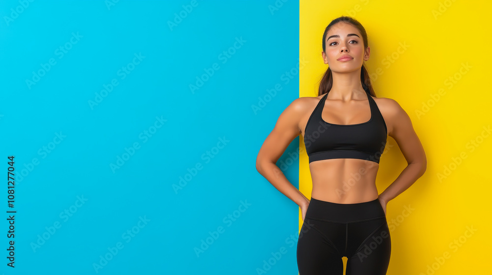 Fototapeta premium Confident Young Woman in Athletic Gear Posing Against Colorful Background, Showcasing Fitness and Strength in Black Sports Bra and Leggings
