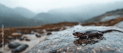 A salamander elegantly crawls on a glistening rock amidst the misty rain, portraying nature's resilience and grace. photo