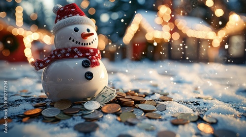 A jolly snowman in a red knit hat and scarf sits amidst coins and bills on a snowy ground, with festive lights and snowfall adding warmth to the winter scene. photo