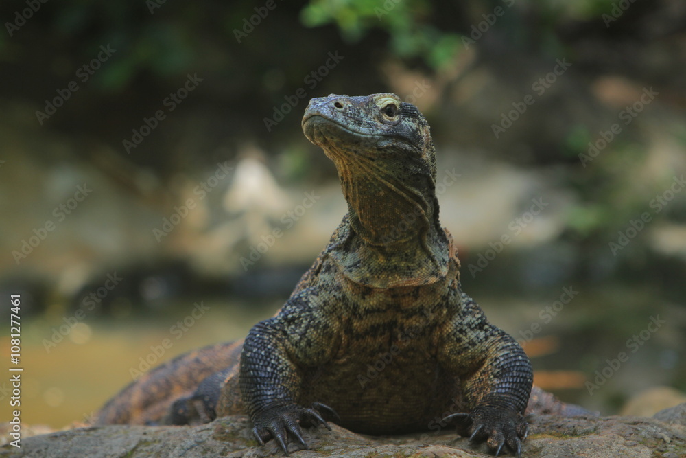 Obraz premium a Komodo dragon was crawling on the rocks and observing the surroundings