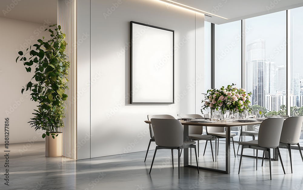 Fototapeta premium Cozy dining room interior with clean modern design, featuring large window, elegant table setting, and beautiful floral arrangement. space exudes warmth and sophistication