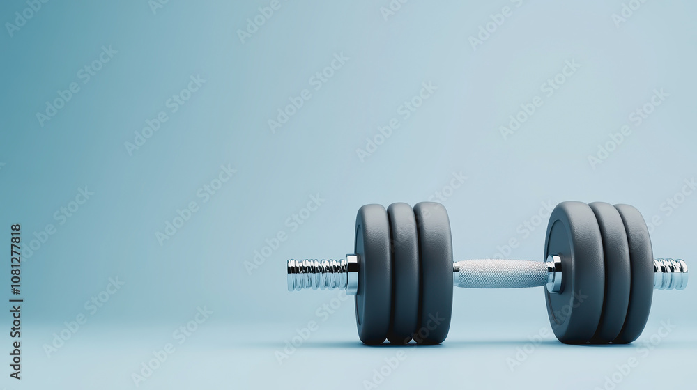 Stylish black dumbbell on a light blue background ready for enhancing fitness routines and building strength in a modern workout environment. Stylish black dumbbell on a light blue background ready for enhancing fitness routines and building strength in a modern workout environment.