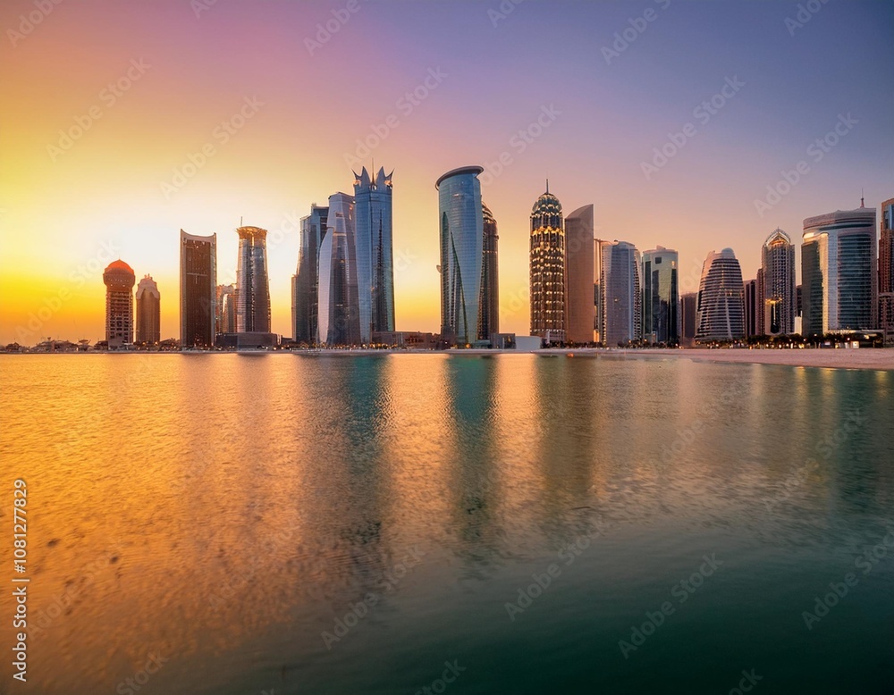 The Stunning Sunset Over Doha’s West Bay Skyline, Where the Glass Skyscrapers Reflect the Fiery Colors of the Arabian Sunset, Blending Modern Architecture With Natural Beauty The Stunning Sunset Over Doha’s West Bay Skyline, Where the Glass Skyscrapers Reflect the Fiery Colors of the Arabian Sunset, Blending Modern Architecture With Natural Beauty