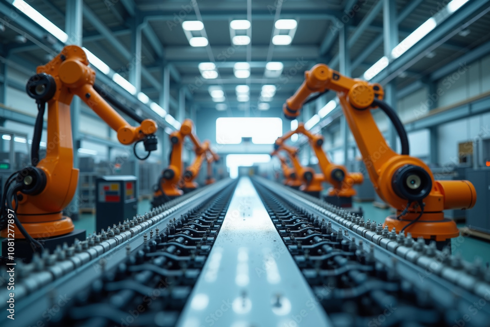 industrial scene with orange robotic arms arranged in a linear formation along a factory floor, production line, modern manufacturing technology. industrial scene with orange robotic arms arranged in a linear formation along a factory floor, production line, modern manufacturing technology.