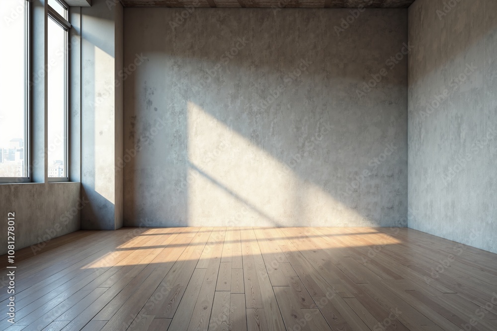 modern interior featuring a large window ,The walls are a textured gray, and the floor is wooden, with a warm light and shadow. modern interior featuring a large window ,The walls are a textured gray, and the floor is wooden, with a warm light and shadow.