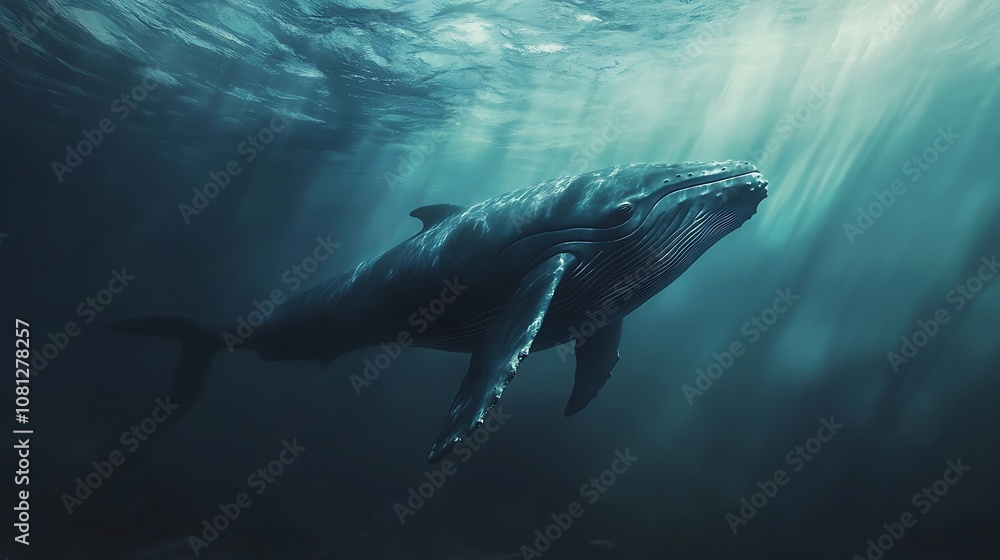 Powerful humpback whales moving through the deep blue ocean water. Powerful humpback whales moving through the deep blue ocean water.