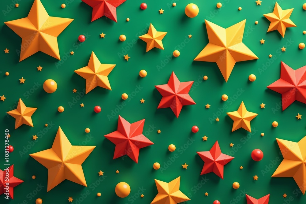 Obraz premium Festive stars and baubles on green Christmas background