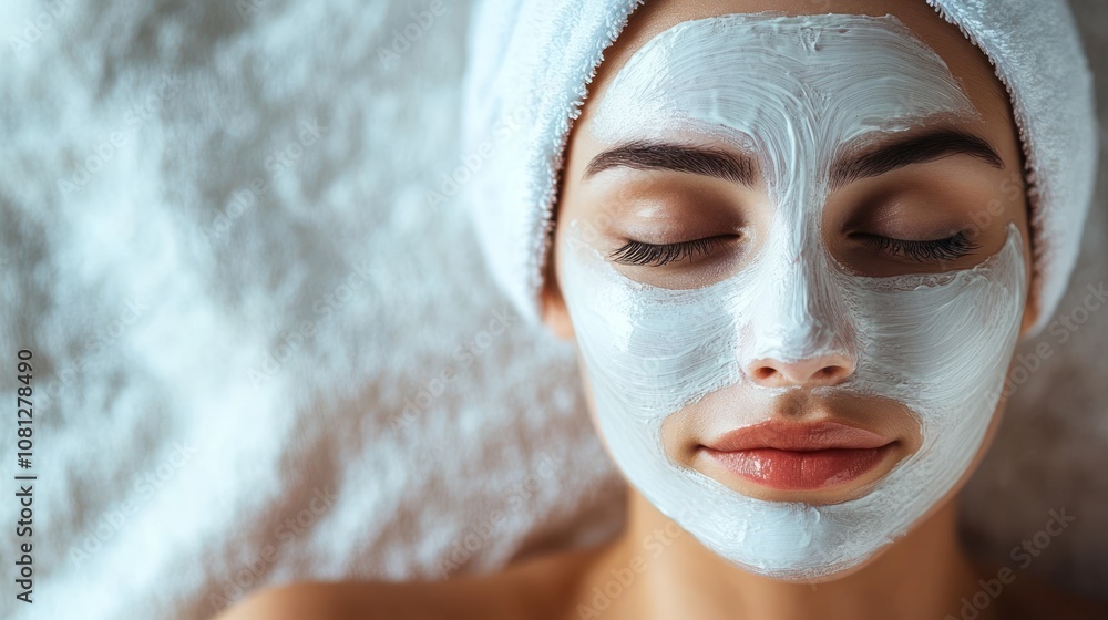 Woman relaxing with a facial mask, promoting skincare and self-care. Woman relaxing with a facial mask, promoting skincare and self-care.