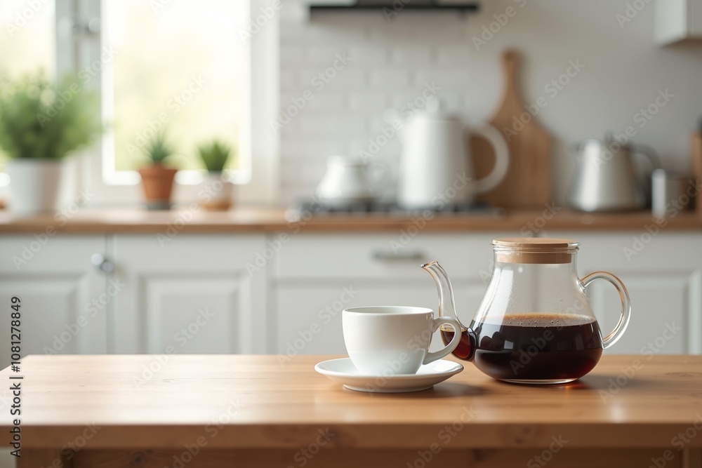modern kitchen with wooden countertops. A clear glass teapot filled with tea modern kitchen with wooden countertops. A clear glass teapot filled with tea
