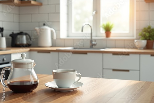 Wallpaper Mural modern kitchen with wooden countertops. A clear glass teapot filled with tea Torontodigital.ca