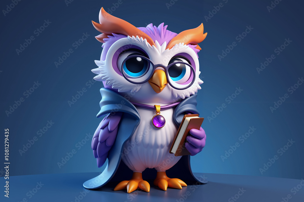 Fototapeta premium 3d render cartoon cute, purple owl with large, expressive eyes, wearing a blue wizard's hat and cape. in fantasy story.