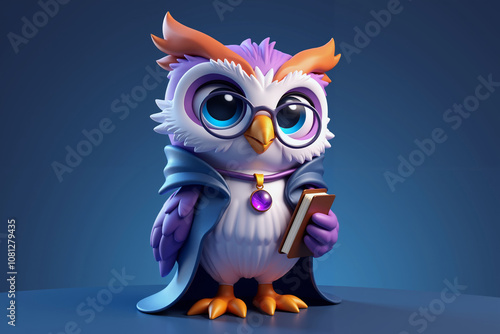 3d render cartoon cute, purple owl with large, expressive eyes, wearing a blue wizard's hat and cape. in fantasy story.