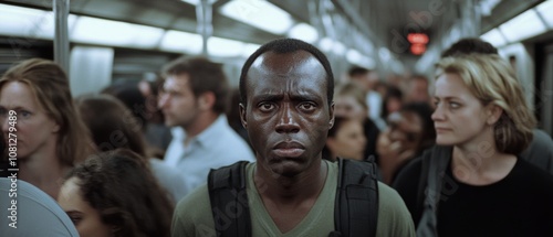 A serious man's face stands out amid a crowded subway train, capturing emotion and focus amid chaos.