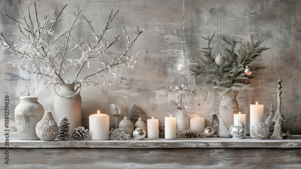 Rustic winter arrangement with candles, frosted branches, and ornaments on a weathered shelf. Rustic winter arrangement with candles, frosted branches, and ornaments on a weathered shelf.