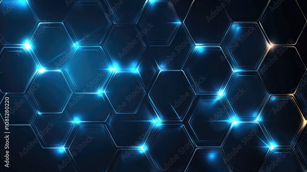 Abstract futuristic hexagonal pattern with glowing blue lights and dark background, perfect for technology, design, and digital themes. Abstract futuristic hexagonal pattern with glowing blue lights and dark background, perfect for technology, design, and digital themes.