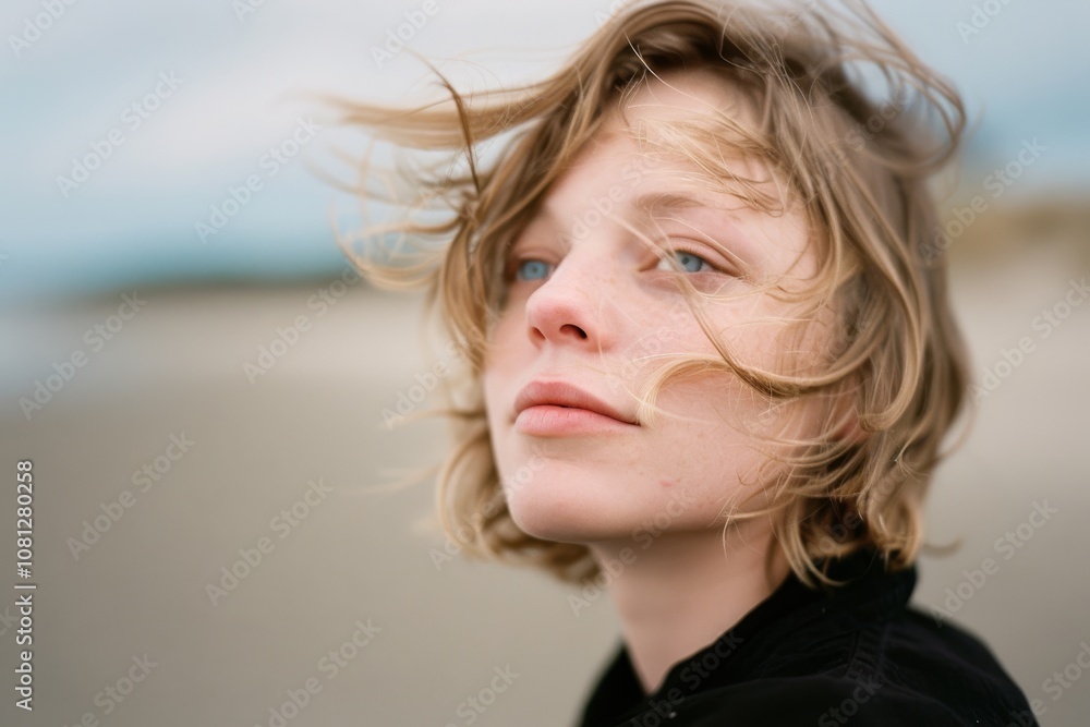 A windswept individual gazes thoughtfully at a distant horizon, evoking feelings of freedom and contemplation. A windswept individual gazes thoughtfully at a distant horizon, evoking feelings of freedom and contemplation.