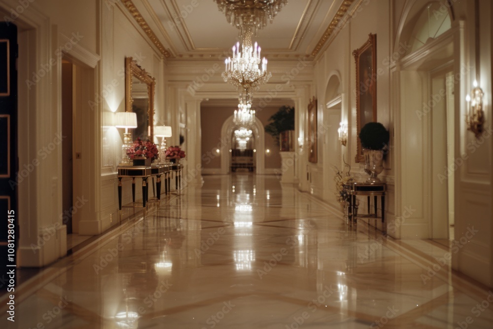 Opulent hallway with gleaming marble floors and elegant chandeliers conveys luxury and grandeur, immersing you in classic sophistication. Opulent hallway with gleaming marble floors and elegant chandeliers conveys luxury and grandeur, immersing you in classic sophistication.